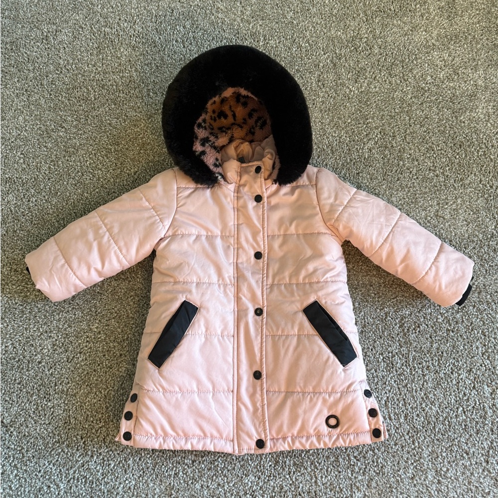 Pink Hooded Puffer Coat with Black Accents - Girls Size 2T